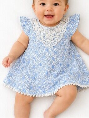 Savannah Baby Girl Blue Floral Crochet Lace Dress | 6–9 Months